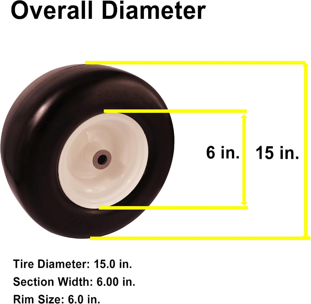 15x6.00-6 Flat Free Tire with 3/4' 5/8' & 1/2' Bushing for Zero Turn Lawn Mower, 3.0'-6.9'Center Hub Flat Free Lawnmower Tire and Wheel Assembly, Universal Fit 15 inch Solid Wheel for Garden Tractor