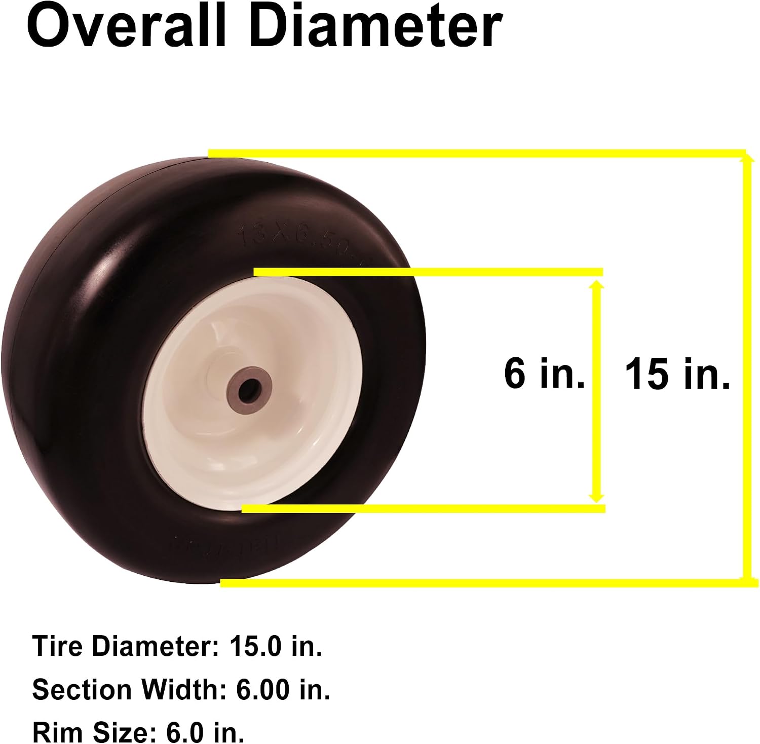 15x6.00-6 Flat Free Tire with 3/4' 5/8' & 1/2' Bushing for Zero Turn Lawn Mower, 3.0'-6.9'Center Hub Flat Free Lawnmower Tire and Wheel Assembly, Universal Fit 15 inch Solid Wheel for Garden Tractor