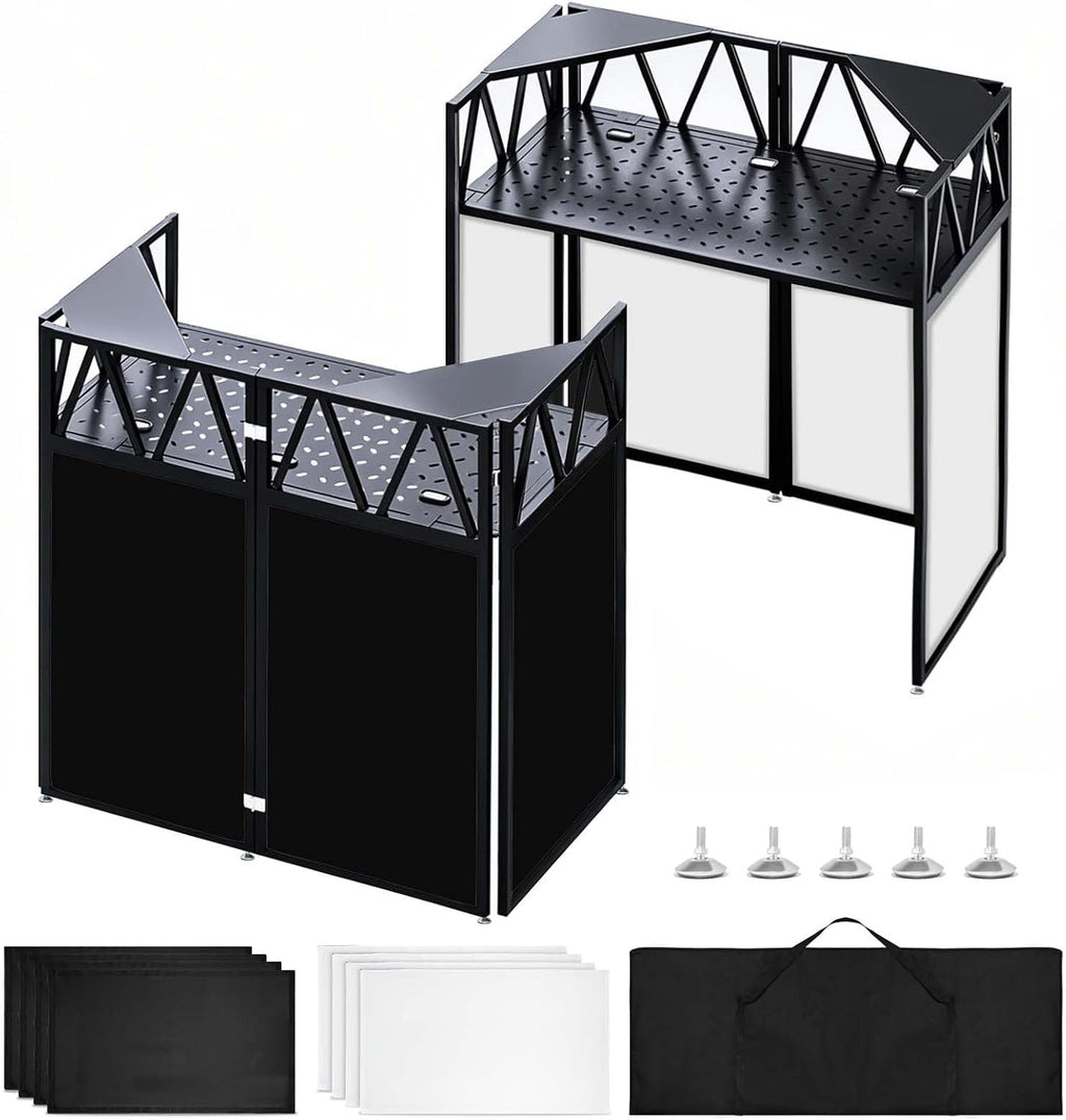 Portable DJ Booth Facade Stand, Foldable DJ Table 40' x 20' x 45' Tabletop, DJ Facade Station for DJ Controller, Mixer & LaptopEvents&Parties – Includes Carry Bag&Two Metal Corner Tables.
