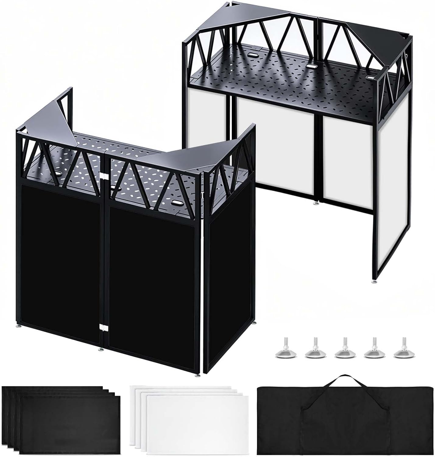 Portable DJ Booth Facade Stand, Foldable DJ Table 40' x 20' x 45' Tabletop, DJ Facade Station for DJ Controller, Mixer & LaptopEvents&Parties – Includes Carry Bag&Two Metal Corner Tables.