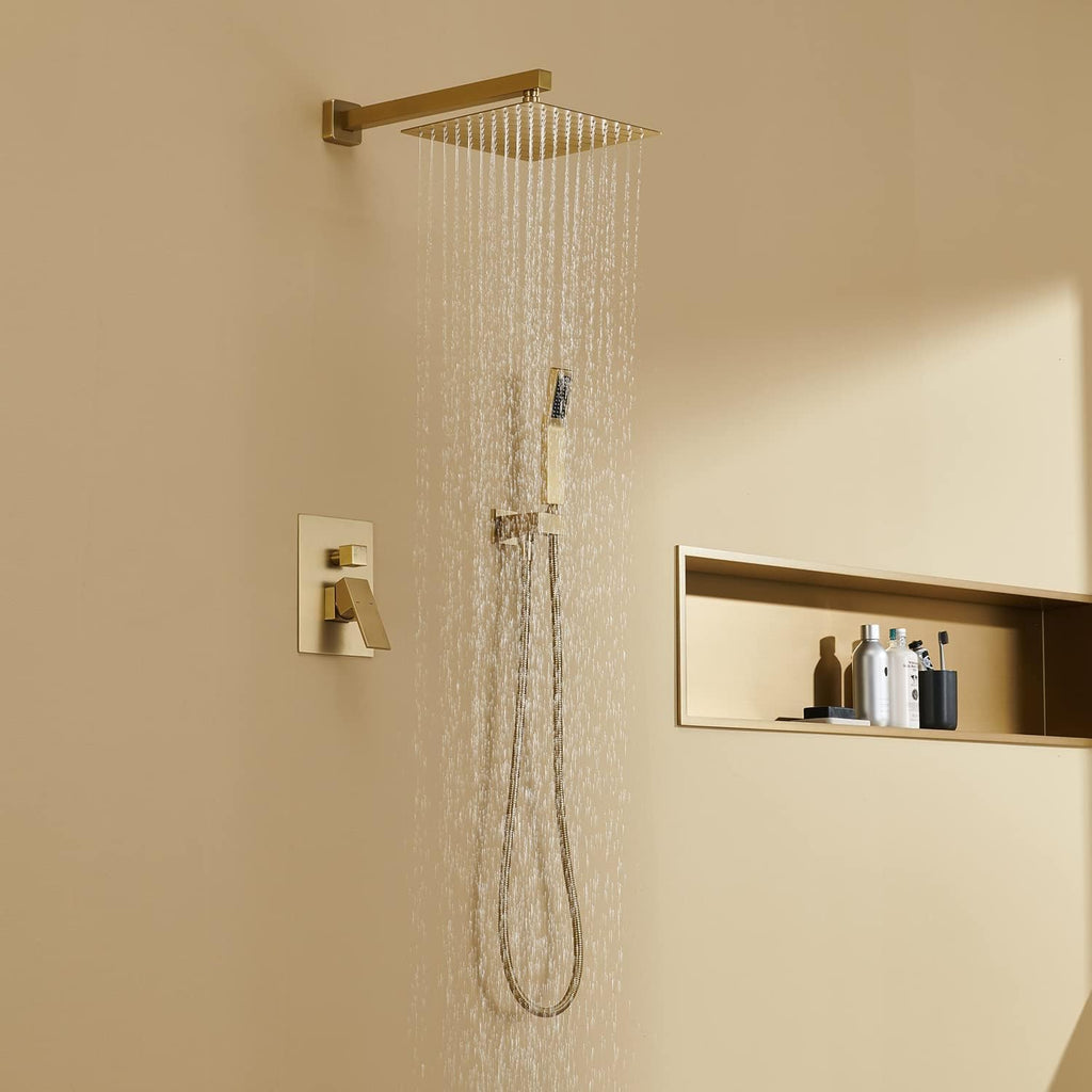 Shower System 10 Inches Rain Shower Combo Set Brushed Gold Wall Mount Faucet Bathroom Faucets with Rainfall Shower Head and Hand Shower