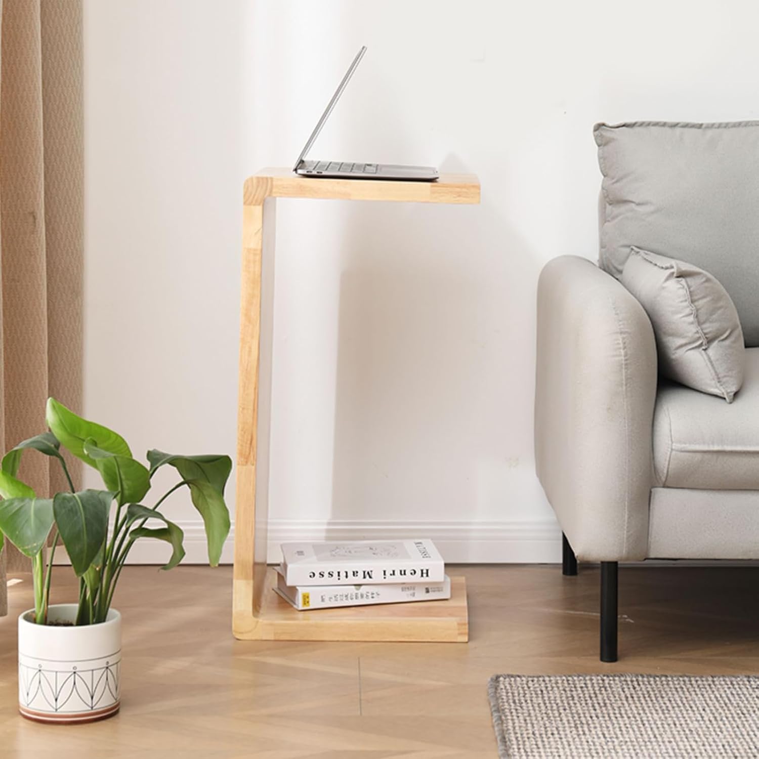 C Shaped End Table, Solid Wood Sofa Side Table for Couch, Bed, and Living Room, Space-Saving Small Snack Table for Bedroom, Office, or Balcony, Wooden Nightstand for Laptop and Narrow Spaces