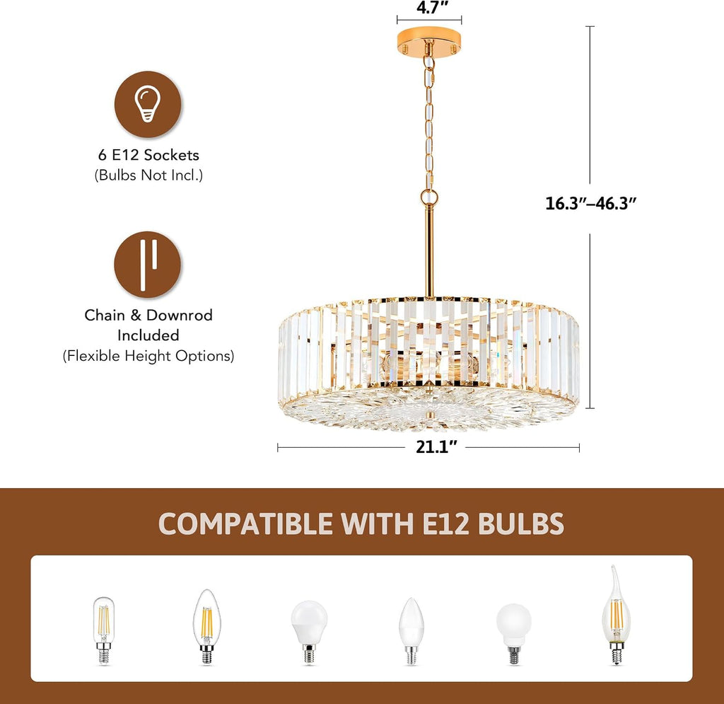 VONLUCE Cystal Ceiling Light Fixture, 6-Light Semi Flush Ceiling Light with Crystal Prisms, 21 in. Chandelier for Dining Room Bedroom Entryway, Kitchen, Gold Metal Canopy, ETL Certificated