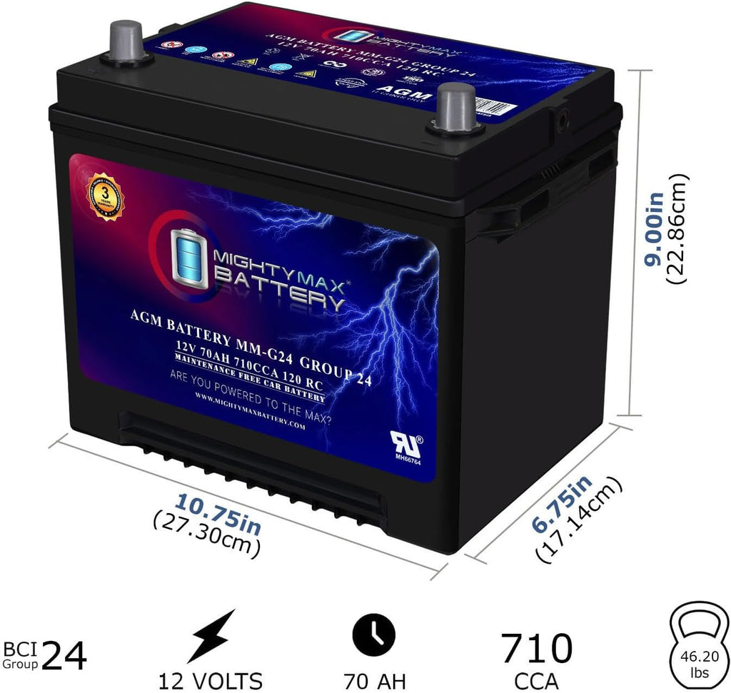 Mighty Max Battery MM-G24 Start and Stop Car BCI Group Size 24 12V 70Ah, 120RC, 710 CCA Rechargeable AGM Car battery