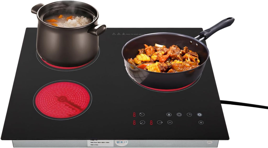Ceramic Cooktop,23 * 20 Inch Built-in 2+1 3 Burners Electric Stove Cooker Hob With Touch Control Child Lock Timer Electric Stove with Hard Wire 2600W 110V (Touch Control, 3 Burners)