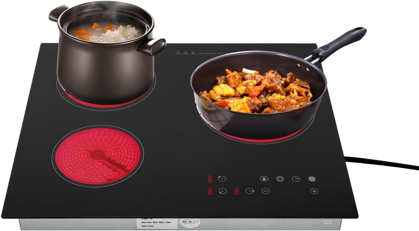 Ceramic Cooktop,23 * 20 Inch Built-in 2+1 3 Burners Electric Stove Cooker Hob With Touch Control Child Lock Timer Electric Stove with Hard Wire 2600W 110V (Touch Control, 3 Burners)