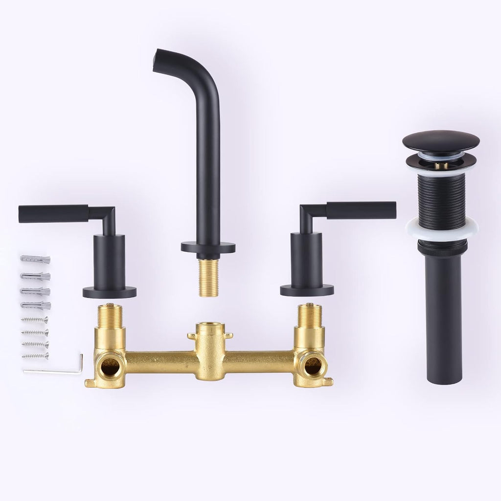 RBROHANT Black Wall Mount Faucet with Pop up Drain Set for Sink Without Overflow, Matte Black Dual Handle Wall Mounted Bathroom Sink Faucet, Brass Rough-in Valve Included, RB0735D