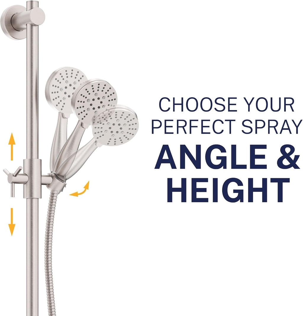 HammerHead Showers Solid Metal 27.5 Inch Shower Slide Bar with 3-Spray Handheld Shower Head with Long Hose and Holder, 1.75 GPM Low Flow Shower Head, Brushed Nickel
