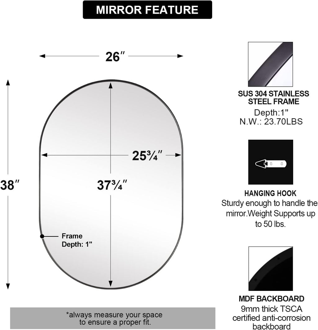 ANDY STAR Black Oval Mirror, 26x38'' Pill Shaped Mirror 1'' Deep Metal Frame Wall Mounted Vertically&Horizontally Ideal for Limited Space