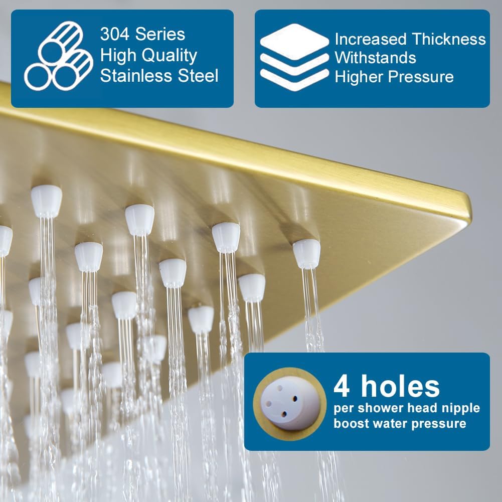 Shower Tub Faucet Set Brushed Gold Bathroom Rain Shower System with Tub Spout Wall Mounted Rainfall 10 Inch Thickened Shower Head and Handle Set Include Shower Valve and Trim Kit