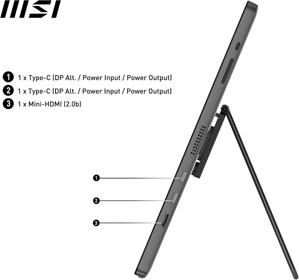 MSI PRO MP161 E2 Portable Monitor 15.6 Inches Full HD – IPS Panel 1920 x 1080, 60Hz, Practical (PC, Laptop, Mobile), Enhanced Speakers, Frame & Stand – Mini-HDMI 2.0b, 2 x USB Type-C