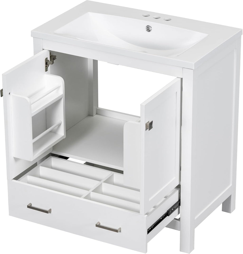 LUMISOL 30' Bathroom Vanity Set with Sink, Solid Wood Bathroom Cabinet with One Drawer and Two Doors, Multi-Function Storage Organizers, Undermount Sink Basin, White