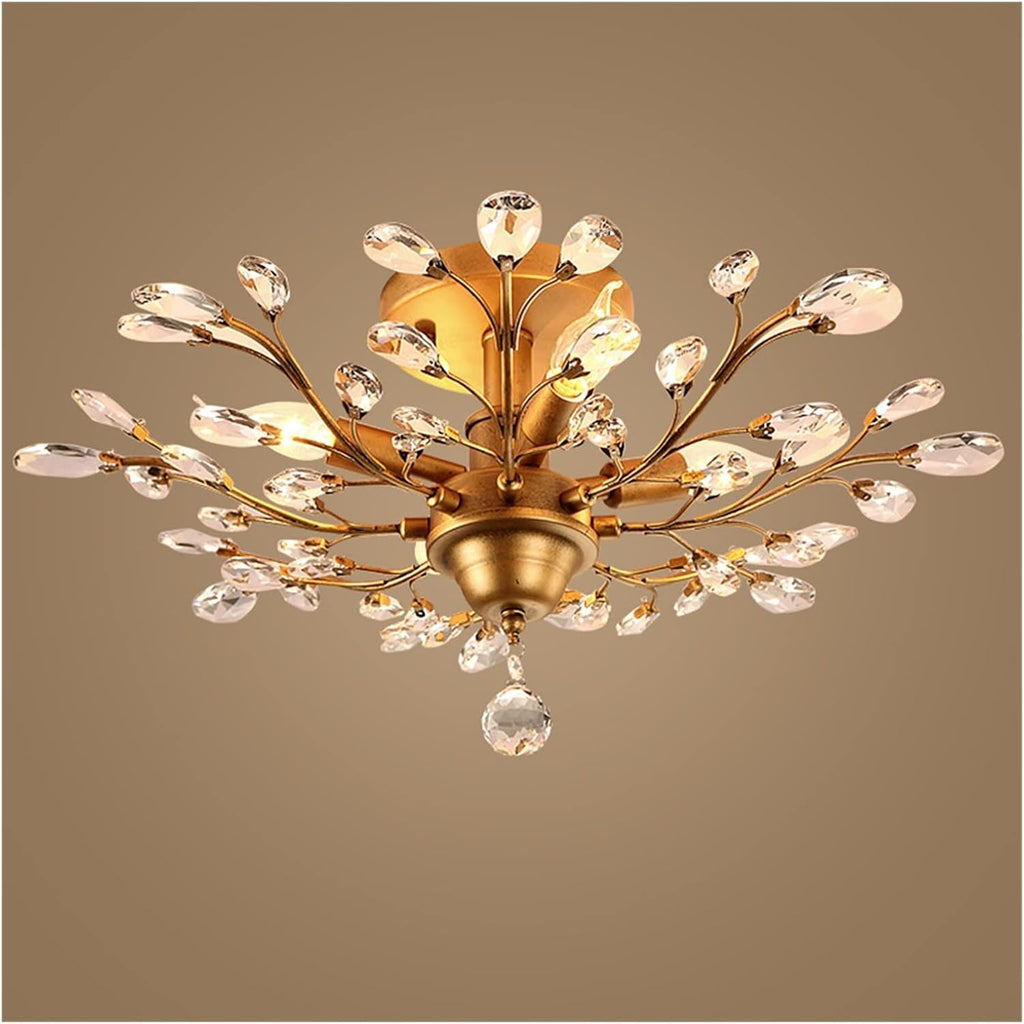 ASHES Ceiling Pendant Light, V-intage Crystal Branches Chandelier Wrought Iron Ceiling Light Flush Mounted Fixture with 4 Light for Living Room Bathroom Bar Loft Club (Color : Bronze)