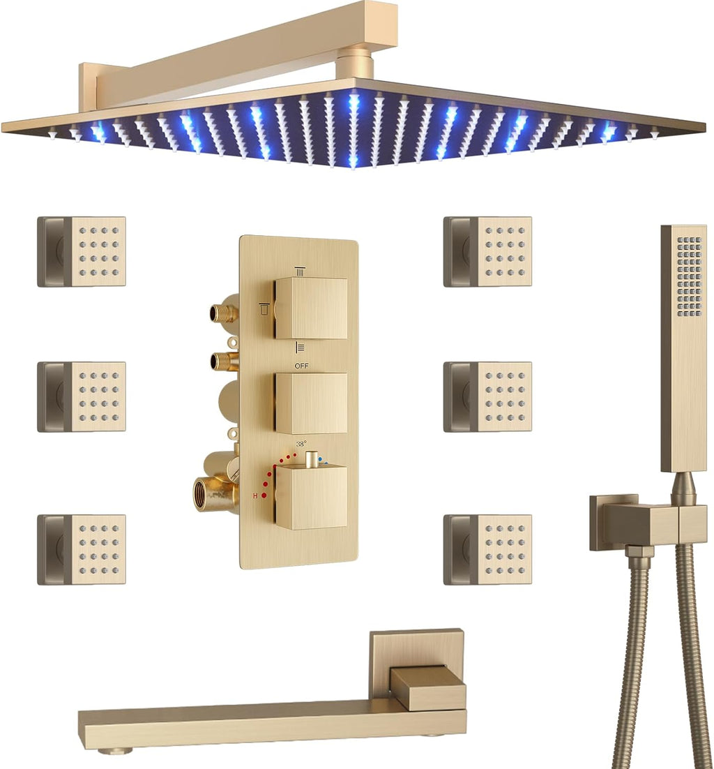 4 Way Thermostatic Shower Diverter System with 12 inch Shower Head and Tub Spout, Brushed Gold Bathtub Shower Faucet Set with 6 Body Jet and Handheld Spray