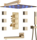4 Way Thermostatic Shower Diverter System with 12 inch Shower Head and Tub Spout, Brushed Gold Bathtub Shower Faucet Set with 6 Body Jet and Handheld Spray