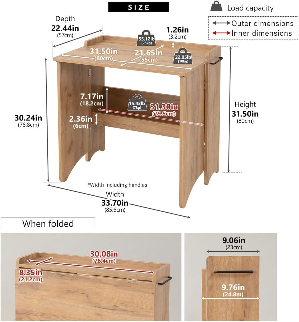 EMOOR Folding Desk TATAMU Wooden Panels (Oak), Space-Saving Rectangular Table No Assembly Easy to Fold and Store
