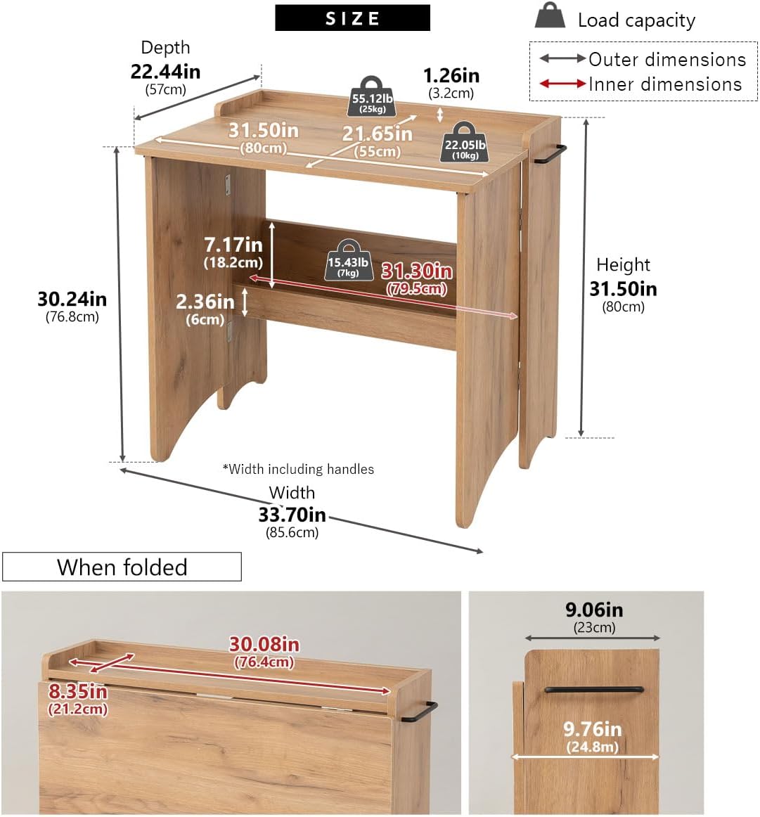 EMOOR Folding Desk TATAMU Wooden Panels (Oak), Space-Saving Rectangular Table No Assembly Easy to Fold and Store