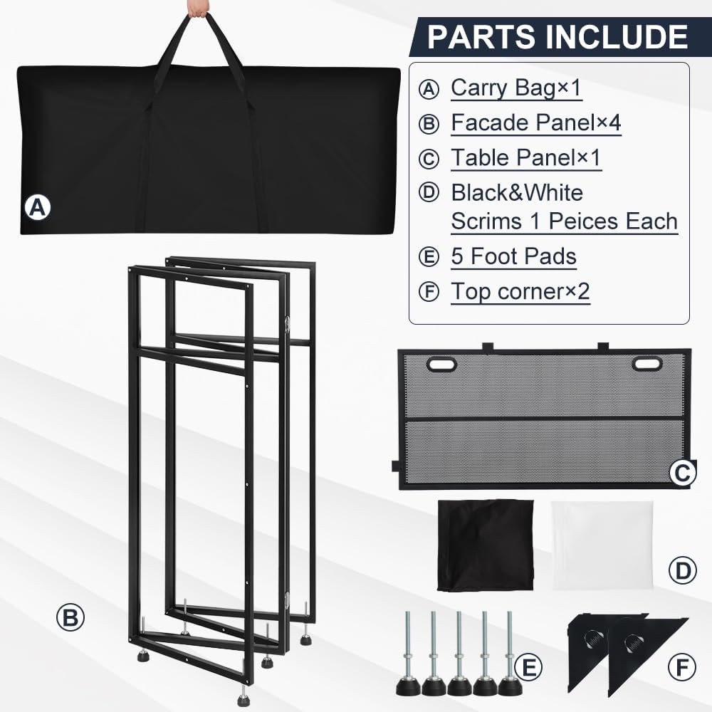 Kokorona Portable DJ Booth 20'x42.5'x45.3' with Dual Top Corners, DJ Facade Booth with Cable Hole, DJ Table Stand with Light Strip and Remote Control, Metal Frame + Black & White Scrims + Carry Bag