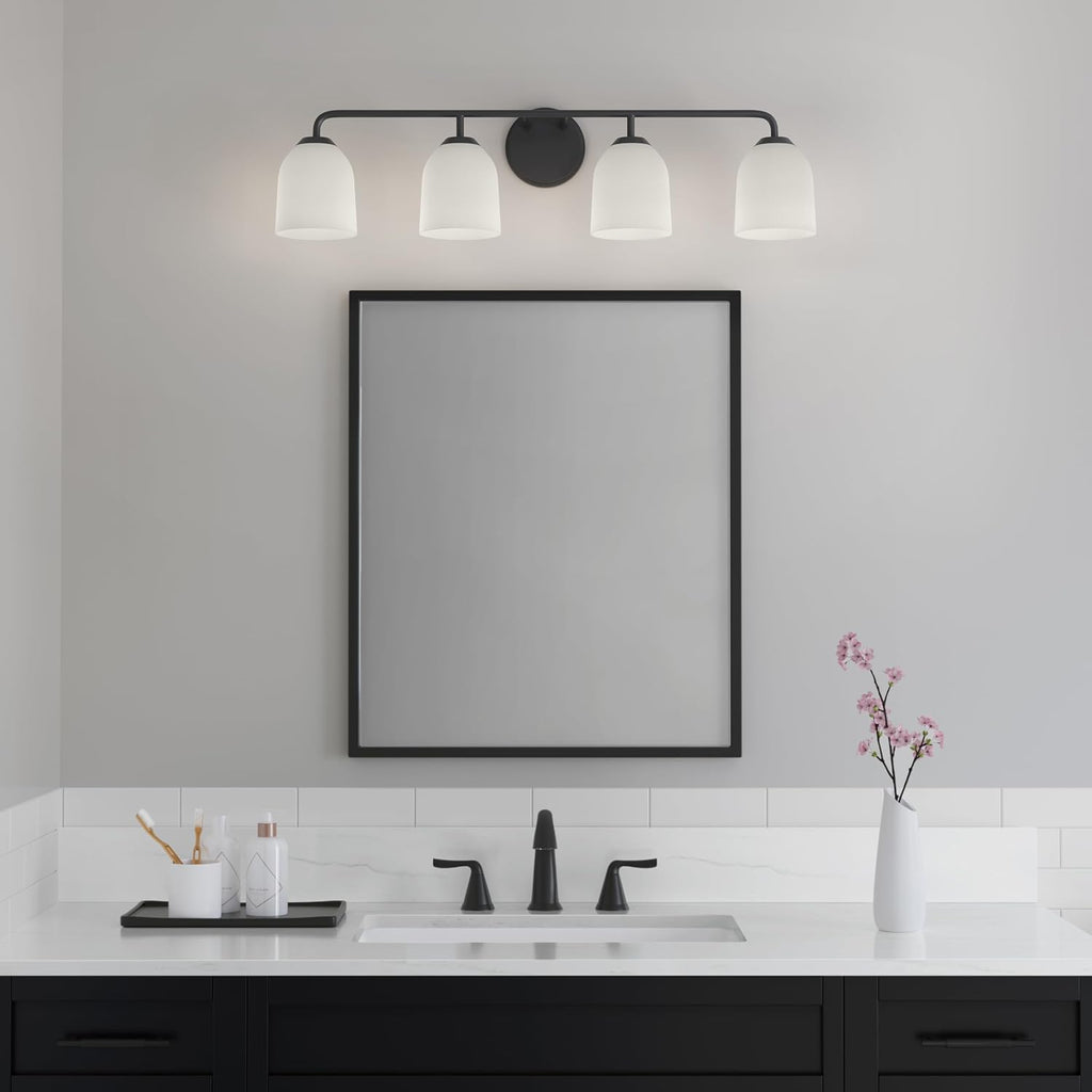 ML Lighting | Norah Collection | 22304-MB | Indoor 4 Light Vanity in Matte Black with Opal Ribbed Glass Shade | Elegant and Versatile Design for Any Bathroom