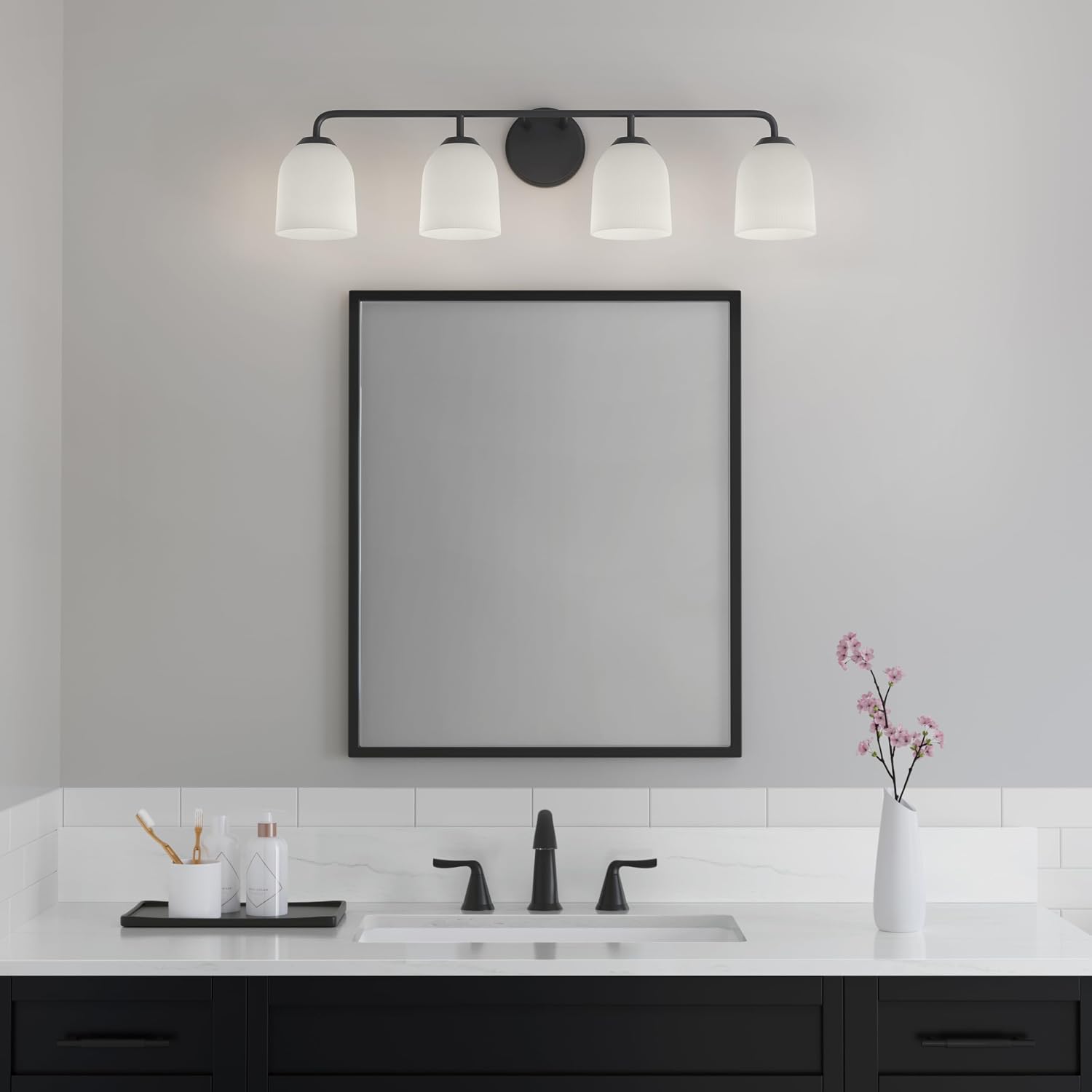 ML Lighting | Norah Collection | 22304-MB | Indoor 4 Light Vanity in Matte Black with Opal Ribbed Glass Shade | Elegant and Versatile Design for Any Bathroom