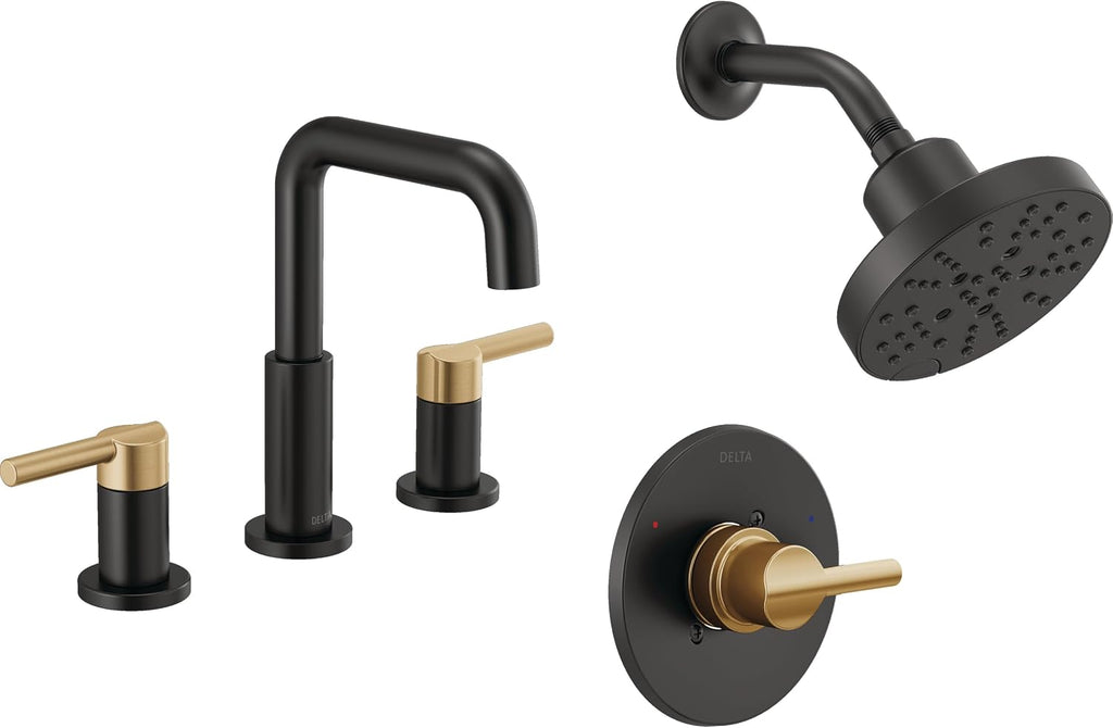 Delta Faucet Nicoli 14 Series Single-Handle Shower Faucet Trim Kit with 5-Spray H2Okinetic Shower Head and Widespread Bathroom Faucet in Black/Gold (Shower Valve Included)