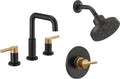 Delta Faucet Nicoli 14 Series Single-Handle Shower Faucet Trim Kit with 5-Spray H2Okinetic Shower Head and Widespread Bathroom Faucet in Black/Gold (Shower Valve Included)