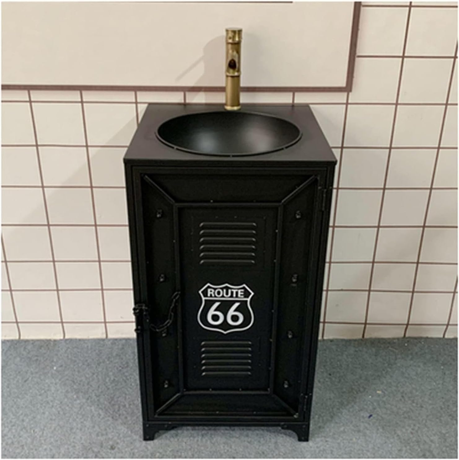 Industrial Style Retro,Creative One Piece Pedestal Basin Wrought Iron,Pedestal Sink Storage Cabinet Two Tiers - Toilet Standing Washbasin,Ideal for Organizing Bathroom ES-Black-Without Mirror