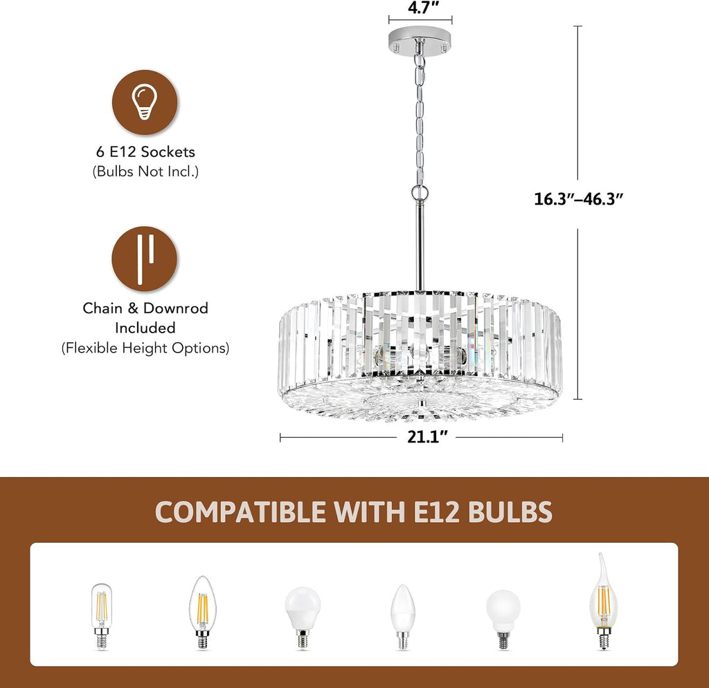 VONLUCE Cystal Ceiling Light Fixture, 6-Light Semi Flush Ceiling Light with Crystal Prisms, 21 in. Chandelier for Dining Room Bedroom Entryway, Kitchen, Nickel Metal Canopy, ETL Certificated