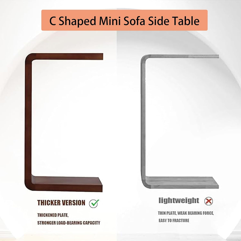C Shaped End Table, Solid Wood Sofa Side Table for Couch, Bed, and Living Room, Space-Saving Small Snack Table for Bedroom, Office, or Balcony, Wooden Nightstand for Laptop and Narrow Spaces