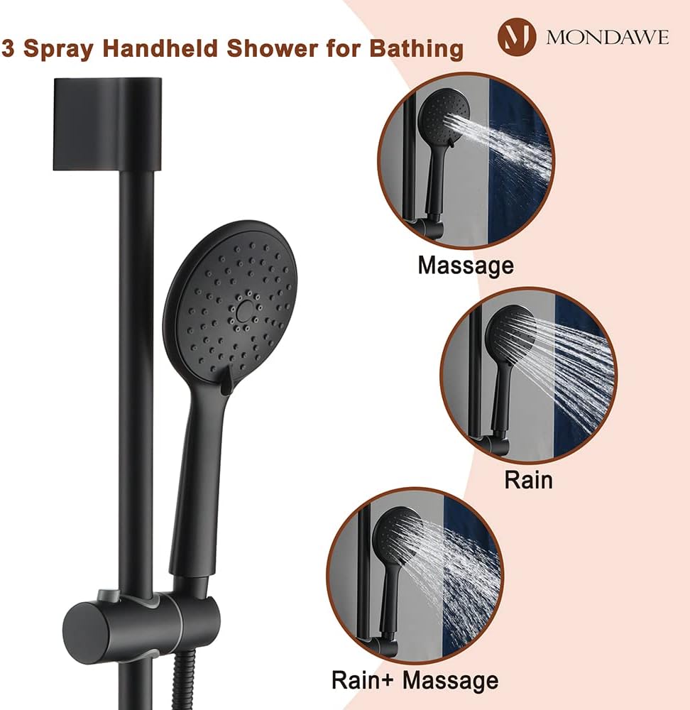 MONDAWE 9 Inch Wall Mounted Shower Faucet Set in Matte Black, Rainfall Shower Head with 3-Setting Handheld Spray Shower Set Combo, High Pressure Shower System with Solid Brass Valve