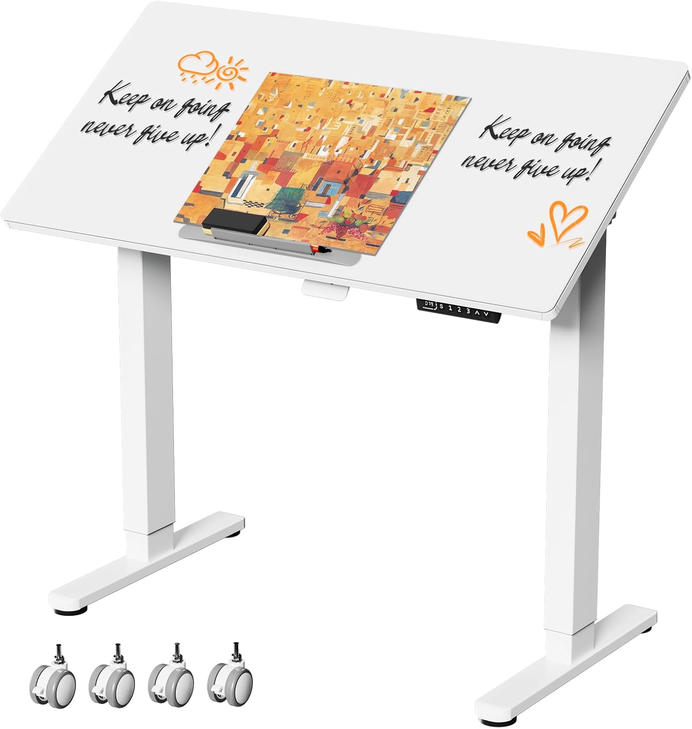 40inch Glass Standing Desk, 90° Tiltable Drafting Table Height Adjustable, Whole Piece Rolling Laptop Desk with Wheels, Foldable Mobile Rising Desk for Working, Drawing, Crafting, White