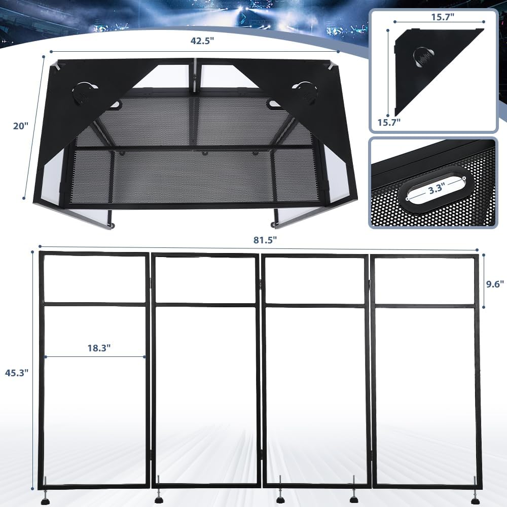 Kokorona Portable DJ Booth 20'x42.5'x45.3' with Dual Top Corners, DJ Facade Booth with Cable Hole, DJ Table Stand with Light Strip and Remote Control, Metal Frame + Black & White Scrims + Carry Bag