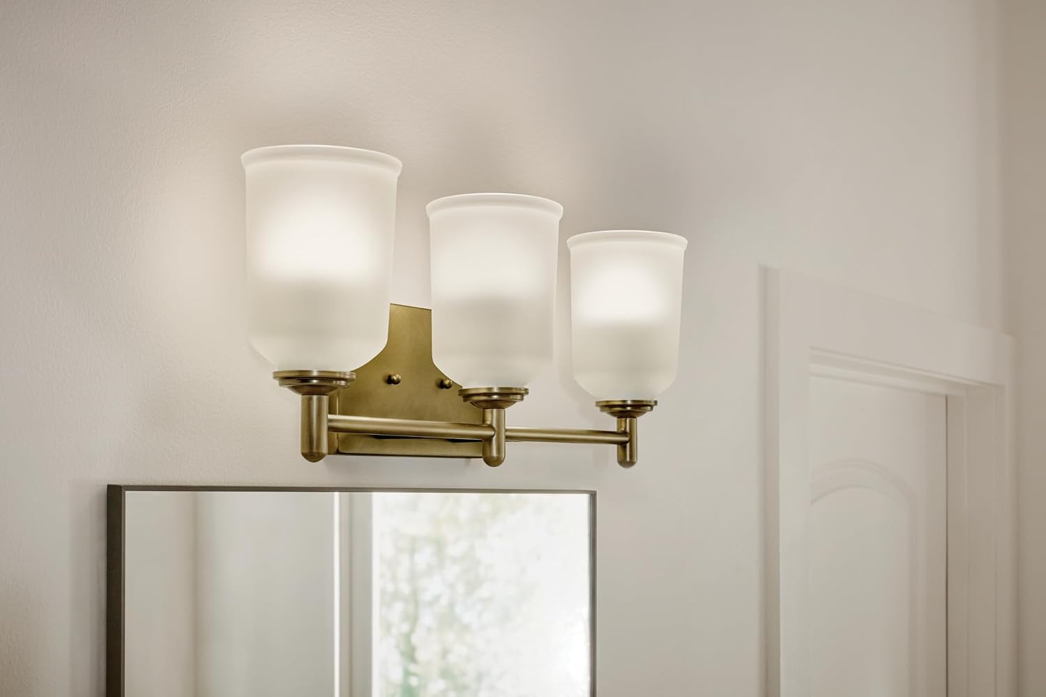 KICHLER Shailene 21' 3-Light Vanity Light with Clear Satin Etched Glass in Natural Brass for Over a Vanity, Updated Traditional Style, (21' x 8.25'), 45574NBR