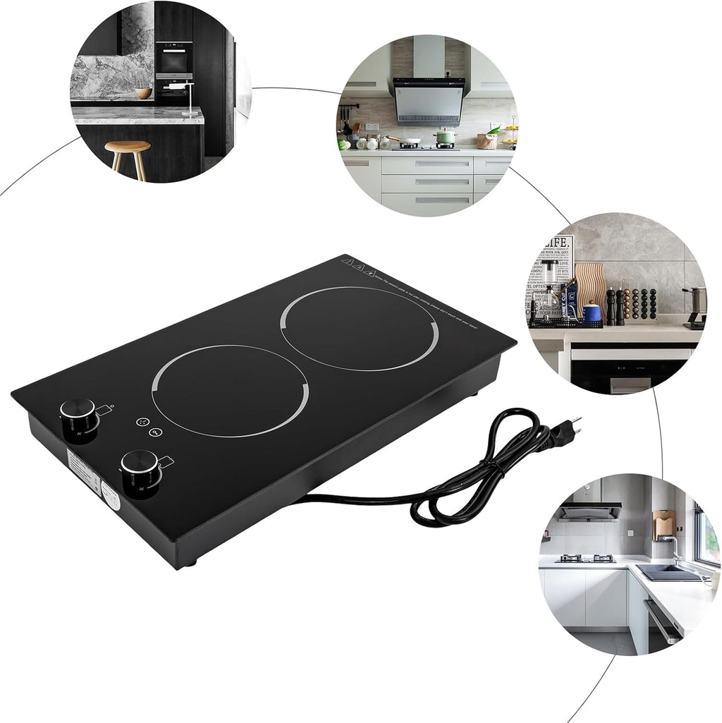 Electric Cooktop, Double-burner Ceramic Electric Hob, 2100W Induction Cooktop Portable Electric Stove, Temperature Controls, Stainless Steel Hot Plate for Kitchens, Cabins, Offices, Studios