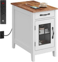WLIVE End Table with Charging Station, Narrow Side Table for Living Room, Farmhouse Night Stand with Storage, Small Wooden Cabinet Nightstand with USB Ports and Outlets, 23.7' D x 13.78' W x 23.7' H