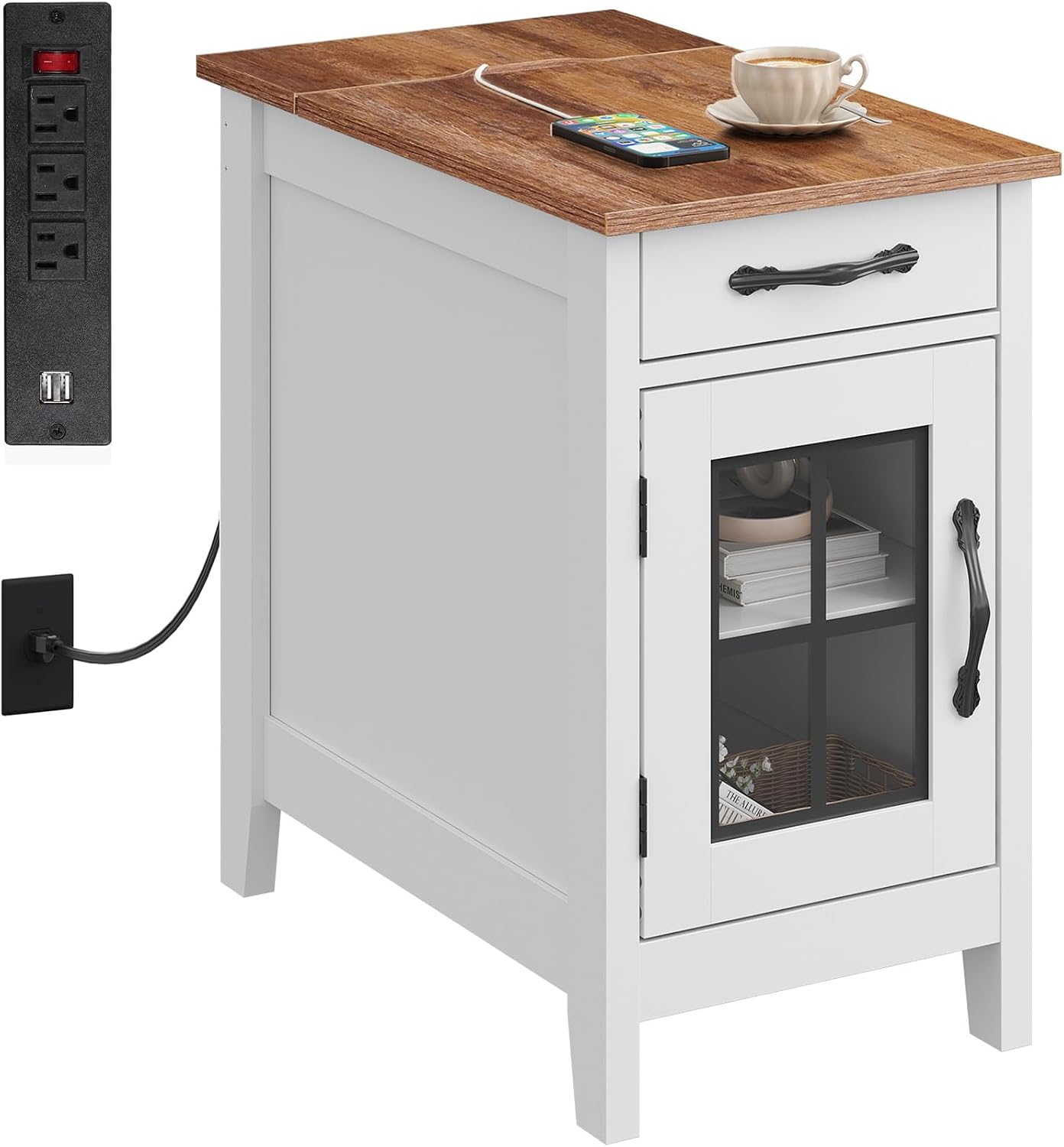 WLIVE End Table with Charging Station, Narrow Side Table for Living Room, Farmhouse Night Stand with Storage, Small Wooden Cabinet Nightstand with USB Ports and Outlets, 23.7' D x 13.78' W x 23.7' H