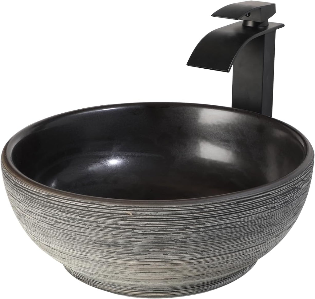 14 Inch Black Round Bathroom Vessel Sink with Waterfall Faucet and Pop-Up Drain Combo,Ceramic Vessel Sink Above Counter Round Bathroom Sink Bowl,Small Sink for Bathroom