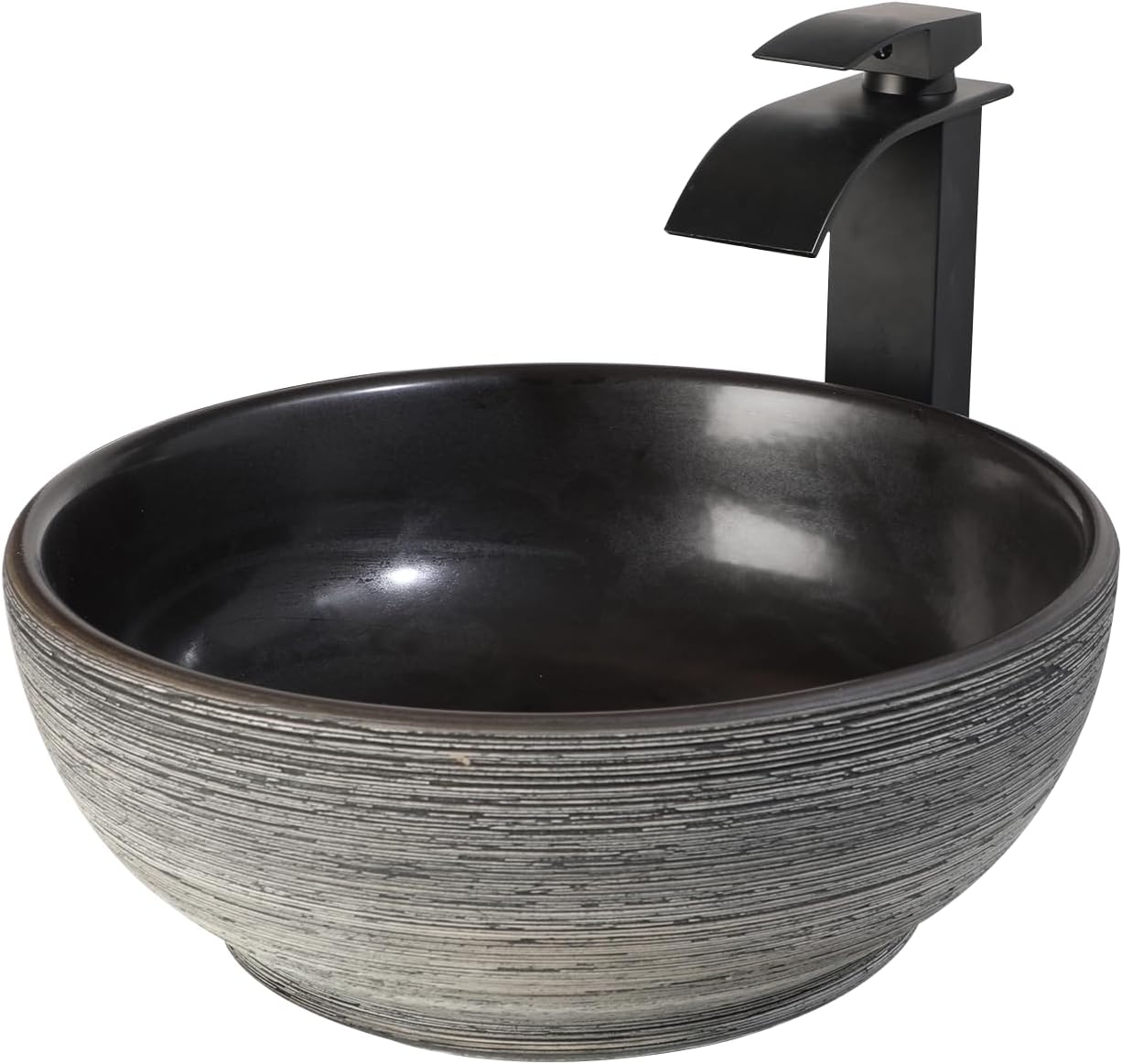 14 Inch Black Round Bathroom Vessel Sink with Waterfall Faucet and Pop-Up Drain Combo,Ceramic Vessel Sink Above Counter Round Bathroom Sink Bowl,Small Sink for Bathroom