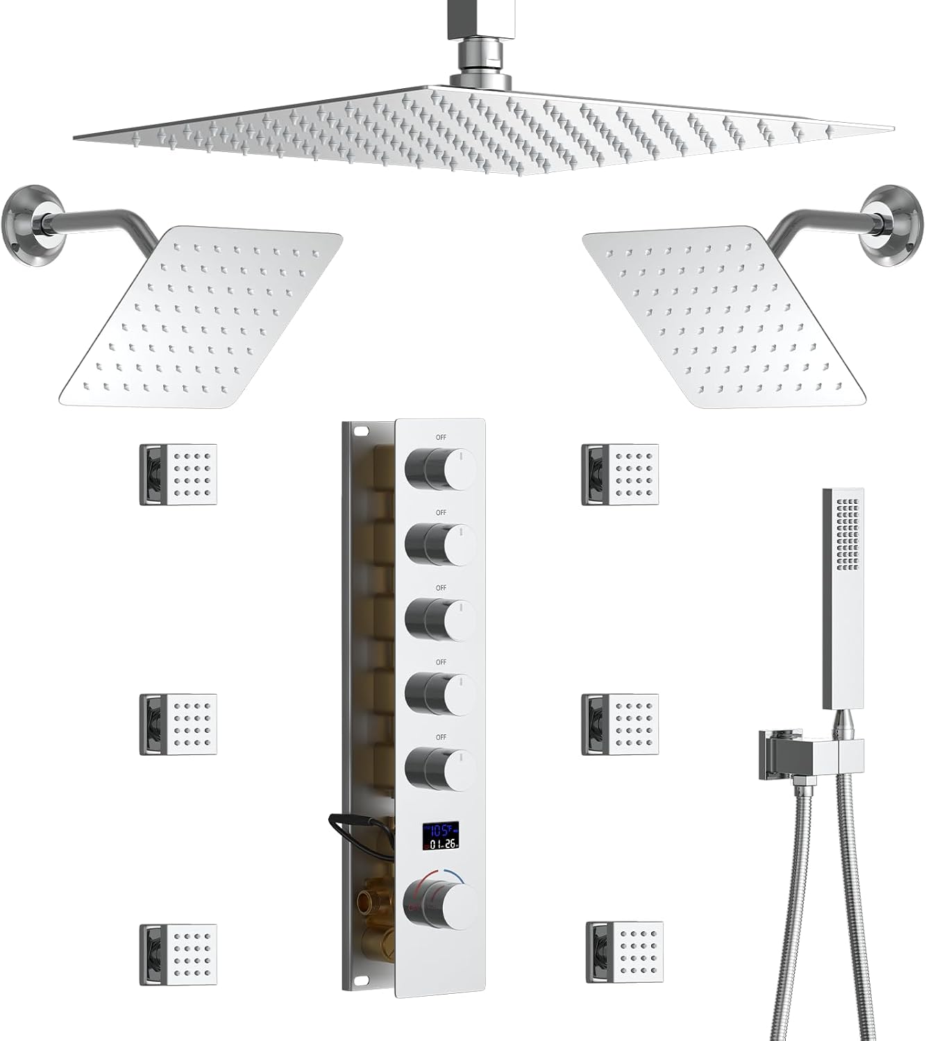 Triple Shower Head Shower System Chrome Full Body Shower System with Digital Display Shower Valve, 12'+8'+8' Three Top Shower Heads,Handheld Shower and Body Jets