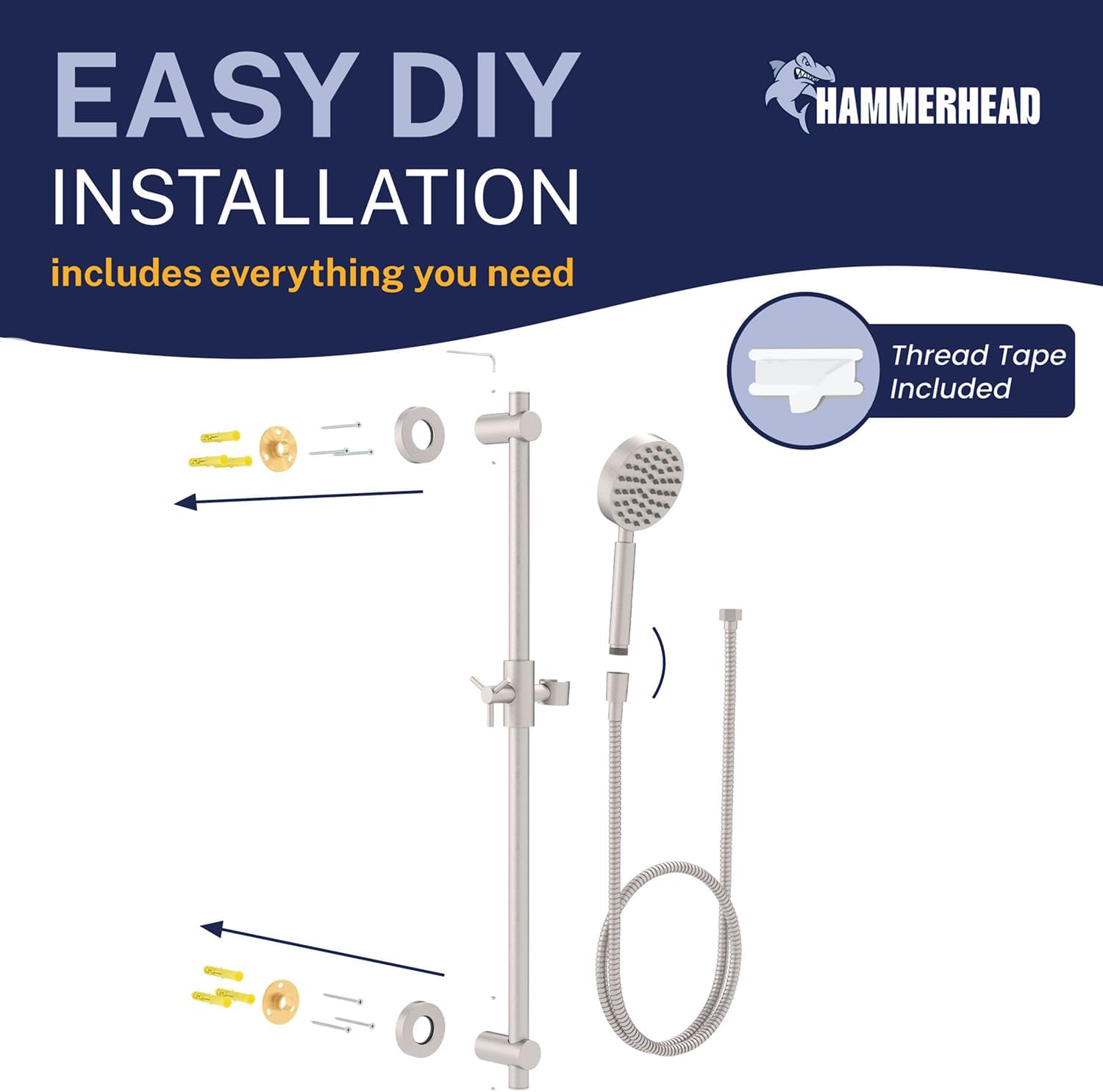 HammerHead Showers® SOLID METAL 27.5 Inch Shower Slide Bar Set and Handheld Shower Head with Hose — BRUSHED NICKEL — 1.75 GPM Low Flow Spray Wand — Easily Adjust Height & Angle of Handshower