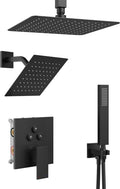 Black Shower System, Shower Faucet Set with 3 In 1 Push Button Valve, Shower Faucet included 10' Ceiling Shower Head and 8' Wall-Mount Shower Head with Handheld Spray, Matte Black