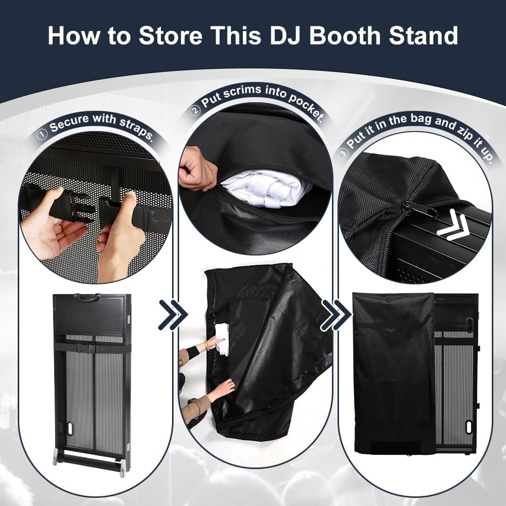 Kokorona Portable DJ Booth DJ Facade Booth Folding DJ Table with Wheels, Movable DJ Booth Facade DJ Booth Stand DJ Table with Lights, Tool-Free Assemble, Metal Frame + Black & White Scrims + Carry Bag