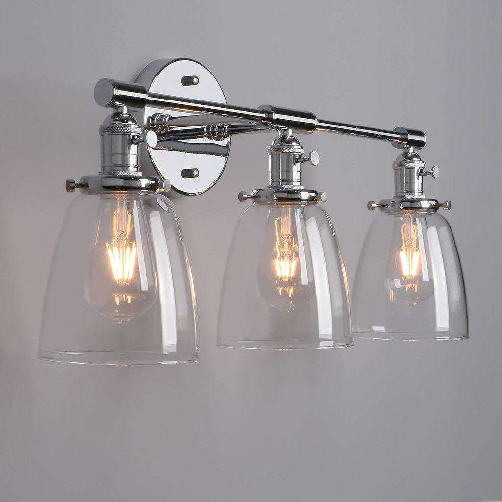 Phansthy 3-Light Wall Sconces Antique Brass Vanity Light, Industrial Wall Lamps with On Off Switch and Clear Glass Lampshade, Vintage Wall Lighting for Bathroom Living Room (Chrome, Bell Shade)