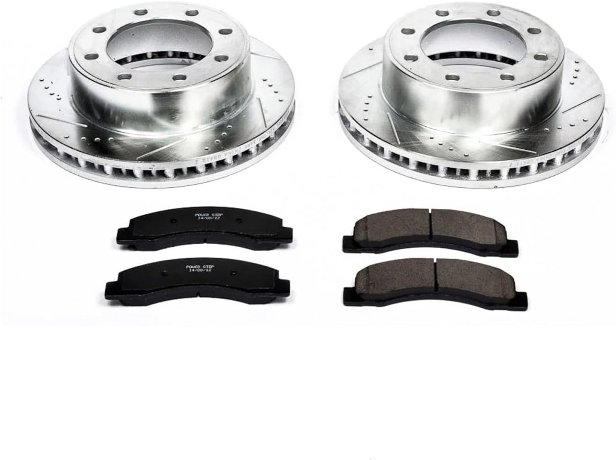 PowerStop Front Brake Kit for Ford Excursion 2000-05 |F-250 Super Duty 1999-04 |F-350 Super Duty 1999-04 - Drilled and Slotted Disc Rotors with Carbon-Fiber Ceramic Brake Pads Replacement, K1905