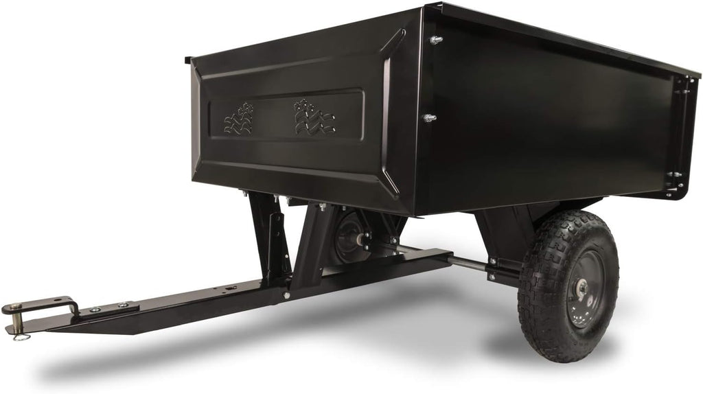 Agri-Fab Inc 350-Pound Steel Tow Behind Dump Cart, 10-Cubic Feet Capacity – Removable Tail Gate, Garden Utility Trailer, Black, Made in the USA; Model # 45-0303