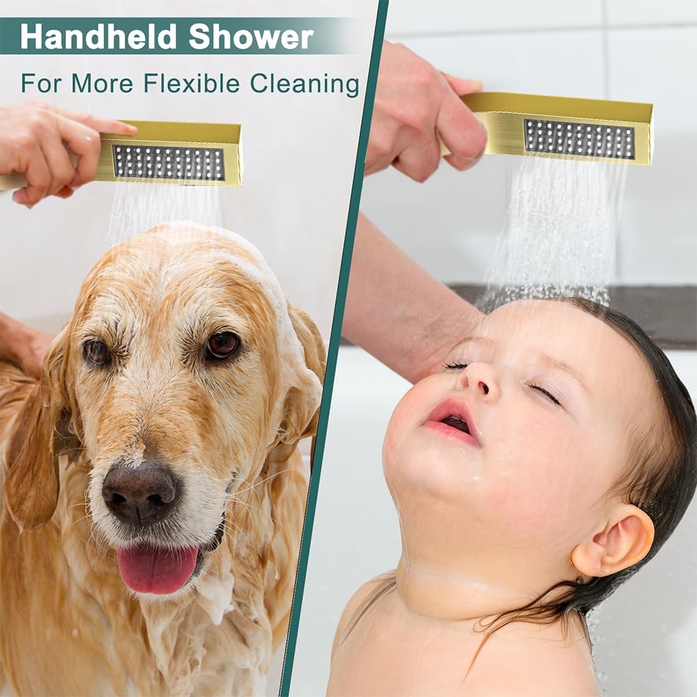 Shower System Shower Faucet Set, STARBATH 10' Wall Mount Rain Shower Head and Handheld Spray for Two Person, Rainfall Shower System with Diverter Valve and Trim Kit Complete,Brushed Gold
