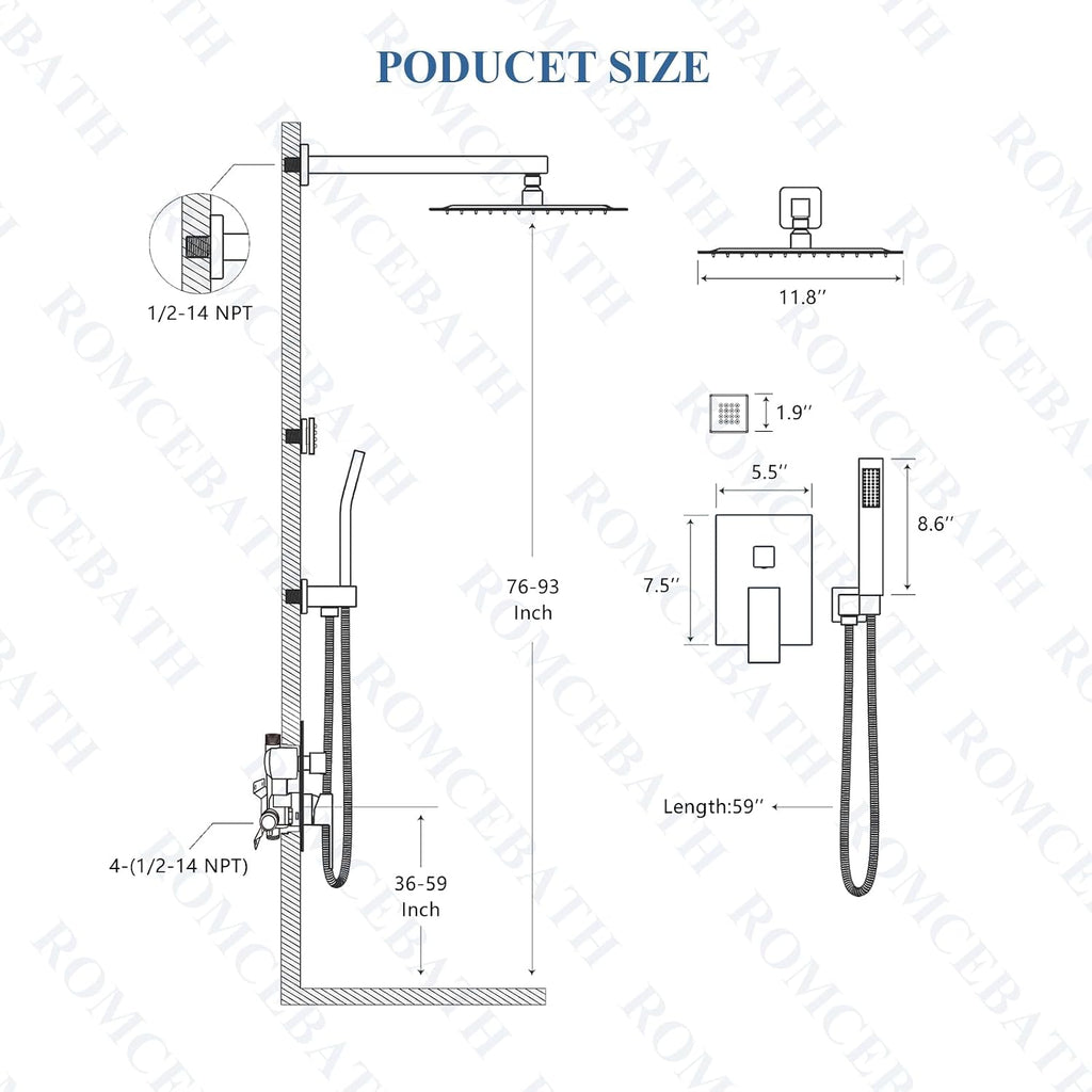 Rain Shower System With Complete 6 Pcs Body Sprays Jets And Pressured Balance Rough-in Valve,12Inch Rainfall Shower Head And Handheld, Modern Brushed Gold Wall Mount Shower Faucets Sets