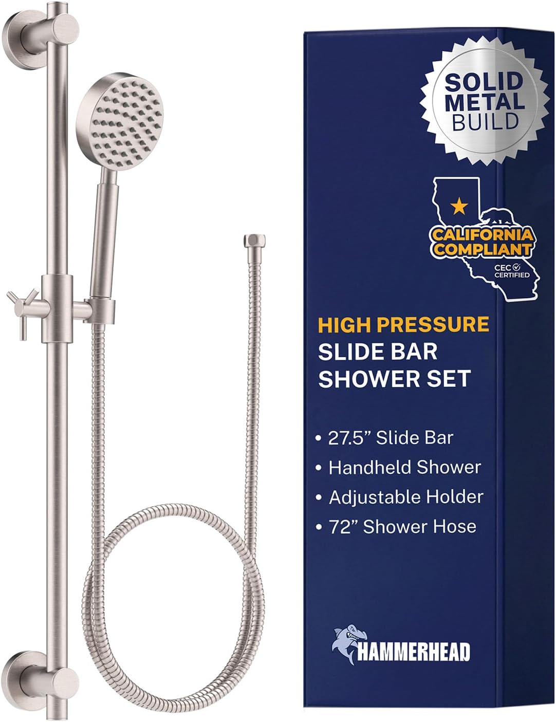 HammerHead Showers® SOLID METAL 27.5 Inch Shower Slide Bar Set and Handheld Shower Head with Hose — BRUSHED NICKEL — 1.75 GPM Low Flow Spray Wand — Easily Adjust Height & Angle of Handshower