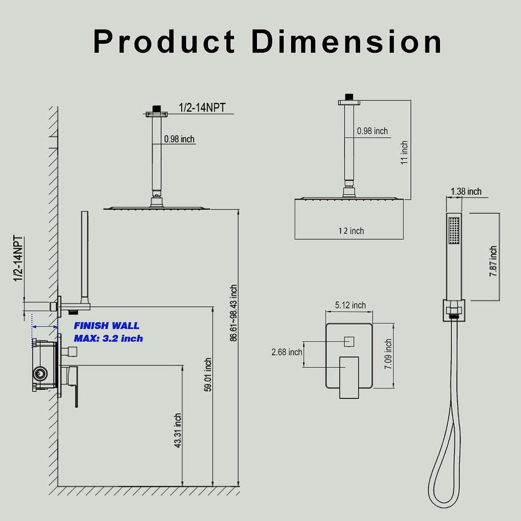 Ceiling Mount Shower System, Black Shower Faucet Set with 12-Inch Rain Showerhead and Handheld Spray Combo, High-Pressure Showerheads Set with Valve and Trim Kit, Matte Black