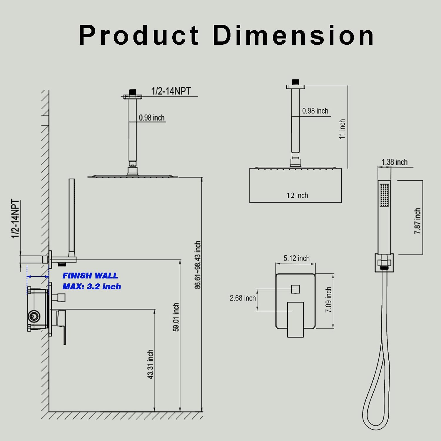Ceiling Mount Shower System, Black Shower Faucet Set with 12-Inch Rain Showerhead and Handheld Spray Combo, High-Pressure Showerheads Set with Valve and Trim Kit, Matte Black